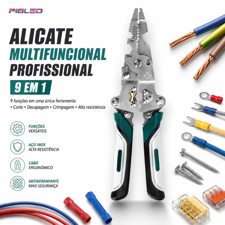 Alicate Multifuncional Profissional 9 em 1 Eletricista Corta Decapa Crimpa Fios para Casa Oficina Automotivo