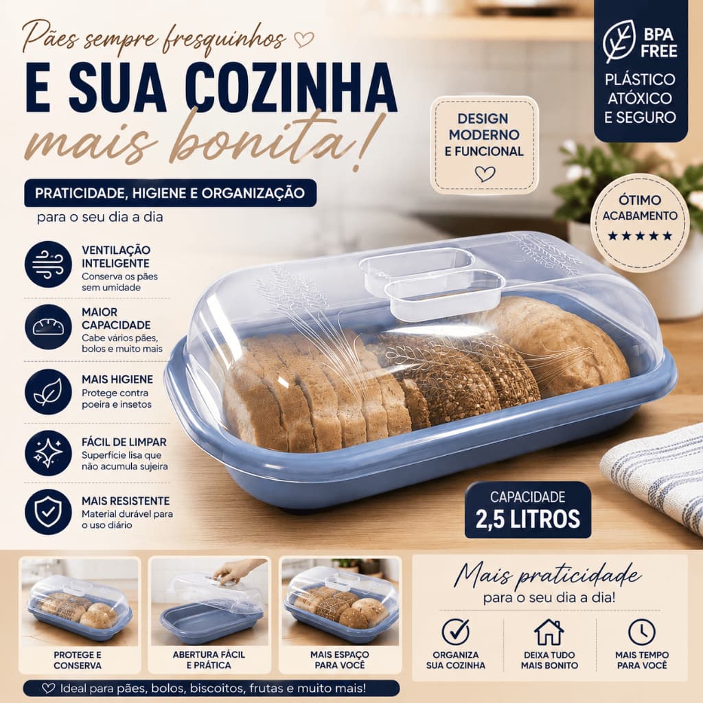 Porta Pão Retangular Plástico Tampa Transparente Organizador Para Pães Bolos e Doces