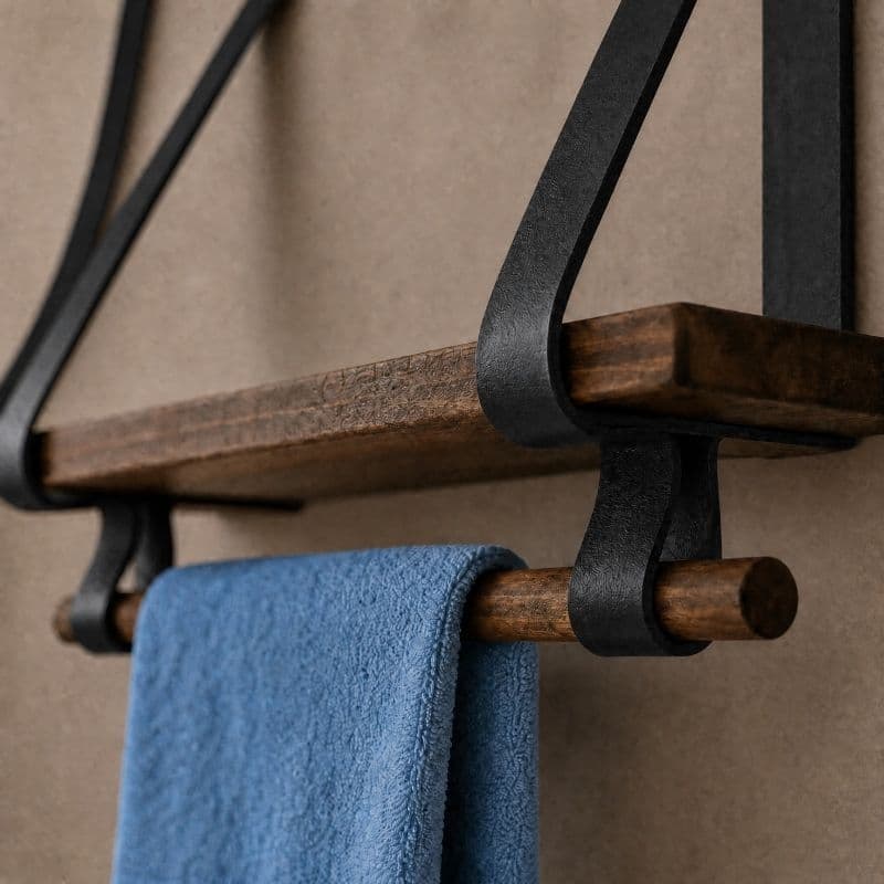 Prateleira com Suporte Para Toalha Madeira Envelhecida e Couro Decoração Banheiro Rústico