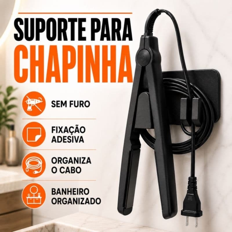 Porta Chapinha Prancha Cabelo Suporte Parede Sem Furo Adesivo Organizador Banheiro Porta Fio Prático Preto Branco