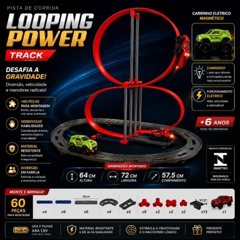 Pista de Corrida Looping Power Track Carrinho Elétrico Magnético 60 Peças Brinquedo Infantil Radical