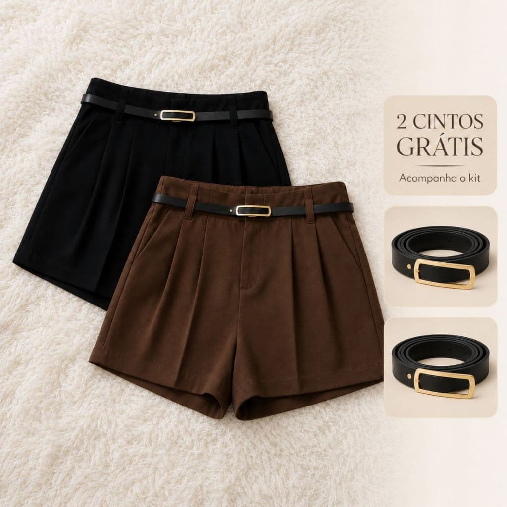 Kit 2 Shorts Alfaiataria Feminino Social Cintura Alta Disfarça Barriga Com Cinto Grátis