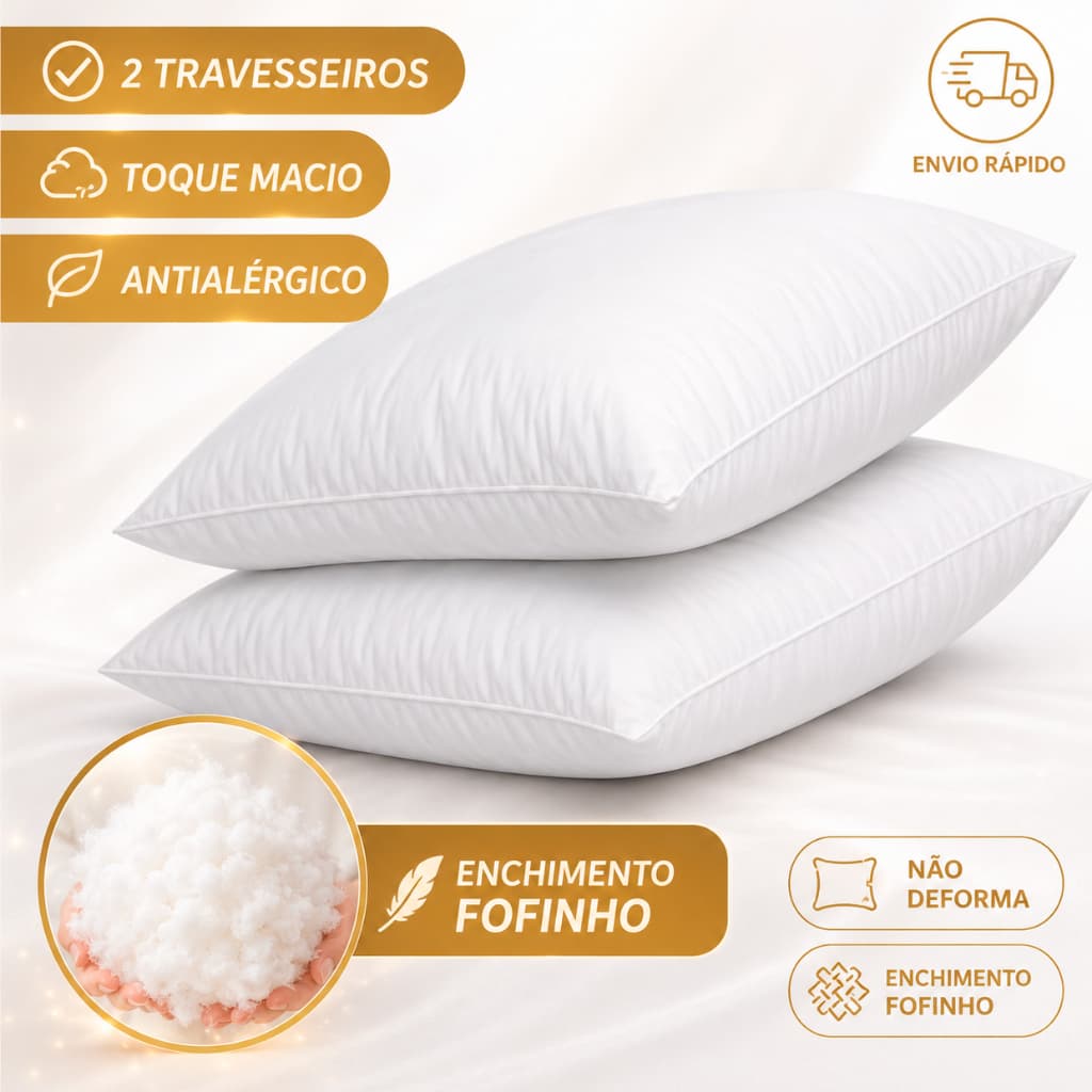 Kit 02 Travesseiro Toque de Pluma 50x70cm Confortável Extra Macio Fofinho Antiacaro