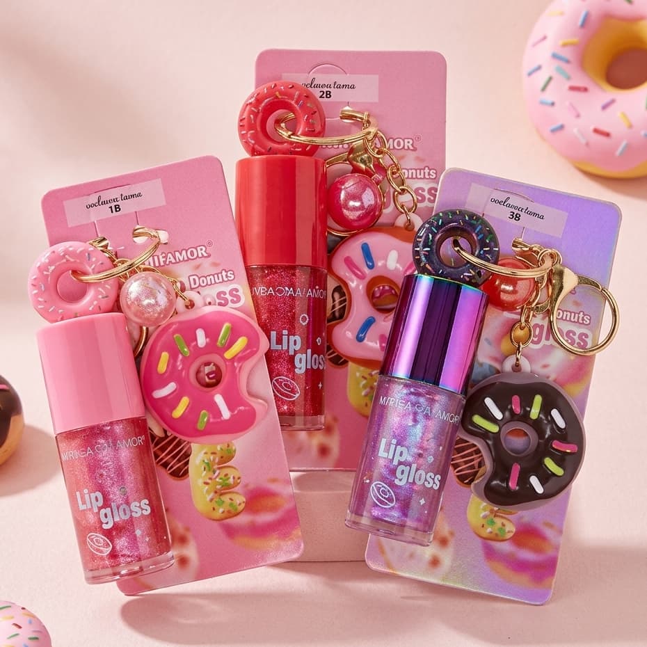 Lip Gloss Donuts com Chaveiro Hidratante Brilho Intenso Pingente Fofo Presente