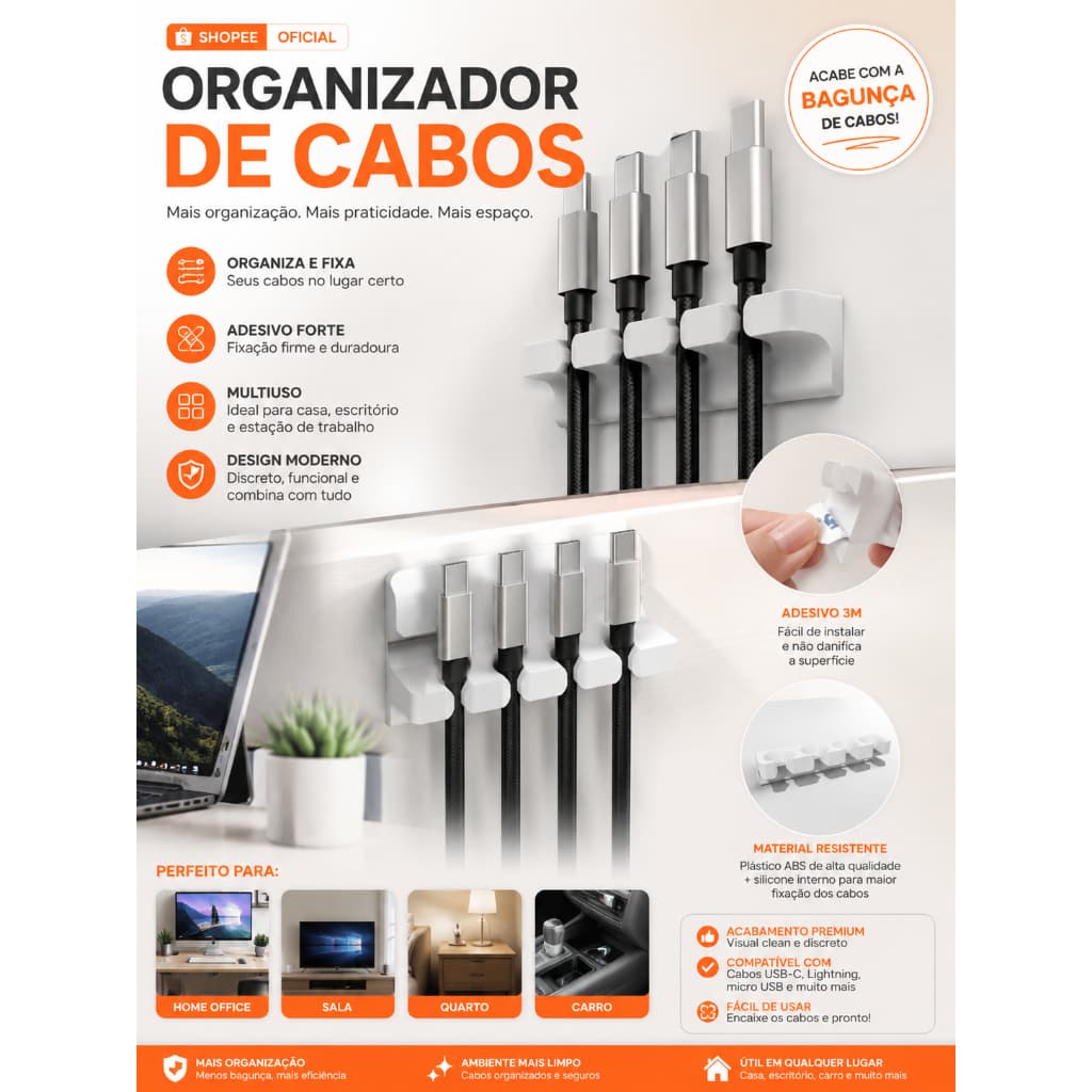 Organizador de Cabos Adesivo Multiuso Porta Fios Mesa Home Office Cabos Carregador USB Mesa Escritório