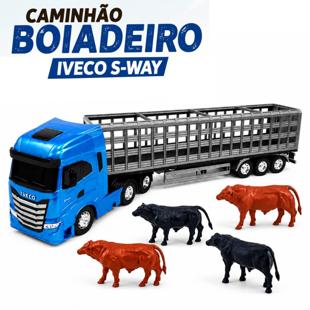 Caminhão Iveco S-Way Boiadeiro 53 cm Brinquedo Grande 4 boizinhos - Usual Brinquedos