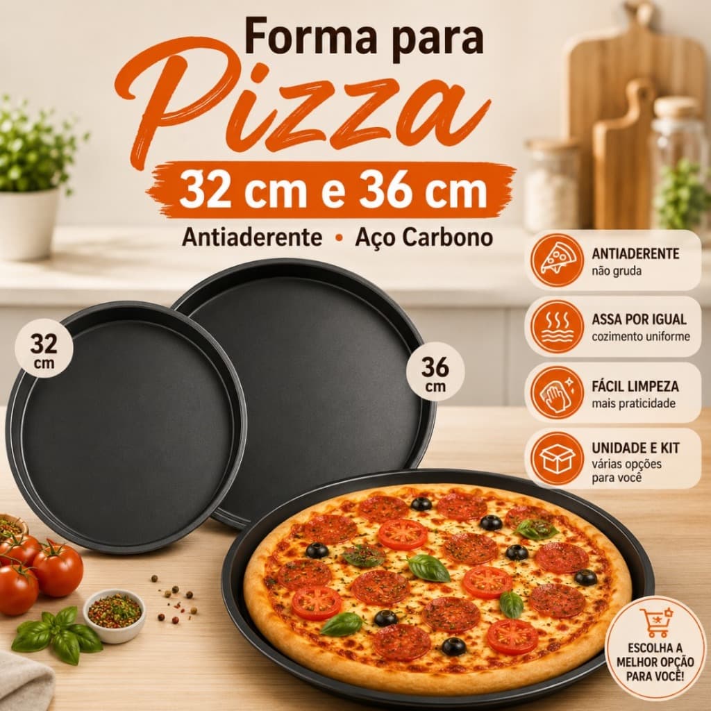 Forma para Pizza Antiaderente 32 e 36 cm Assadeira Redonda Aço Carbono Unidade ou Kit 2