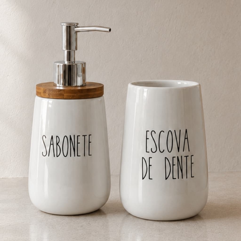 Kit Banheiro Cerâmica Branco Dispenser Sabonete e Escova de Dente Pote Banheiro Tampa de bambu 2 Pçs