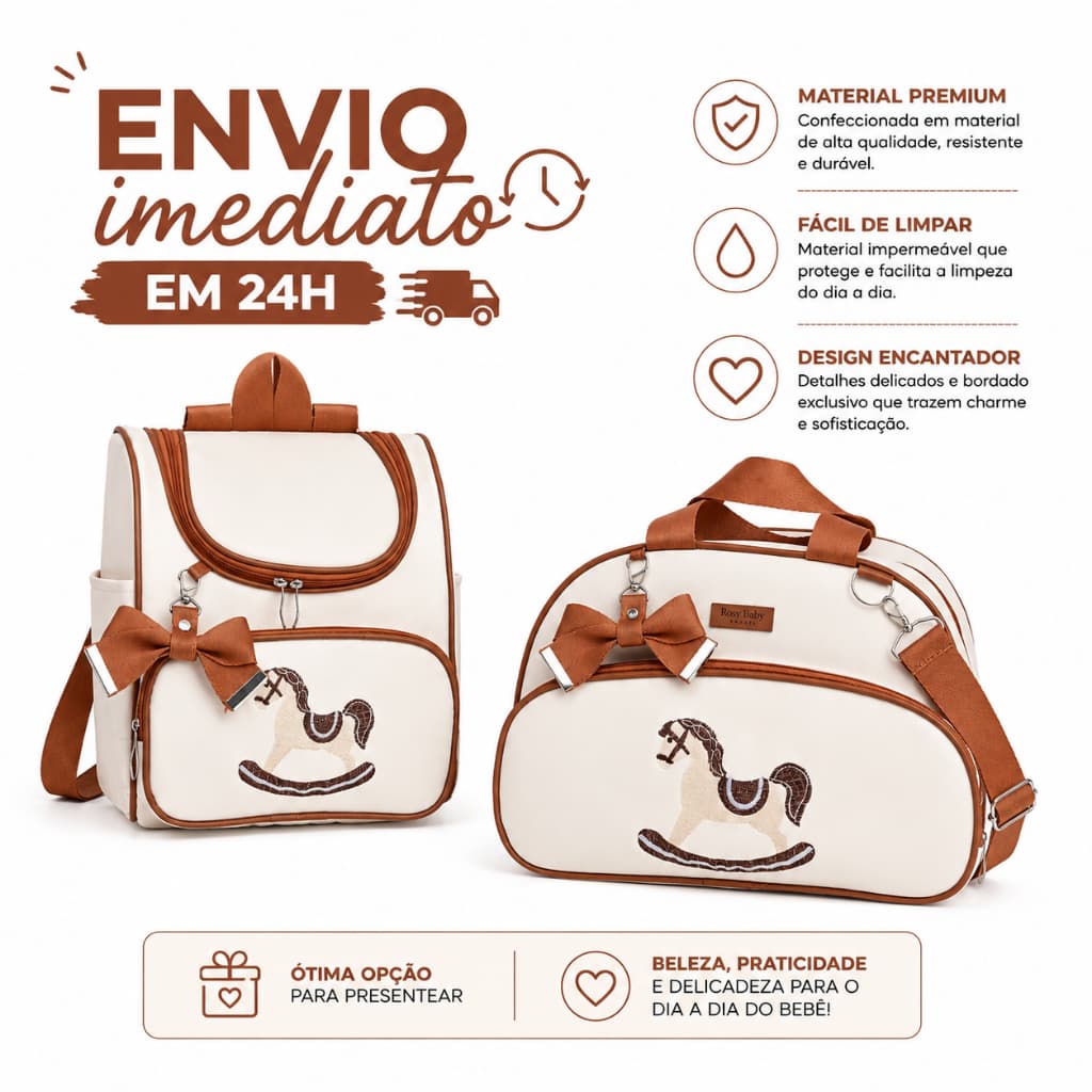 Kit Bolsa e Mochila 2em1 Maternidade em Material Corano com Bordado Cavalinho