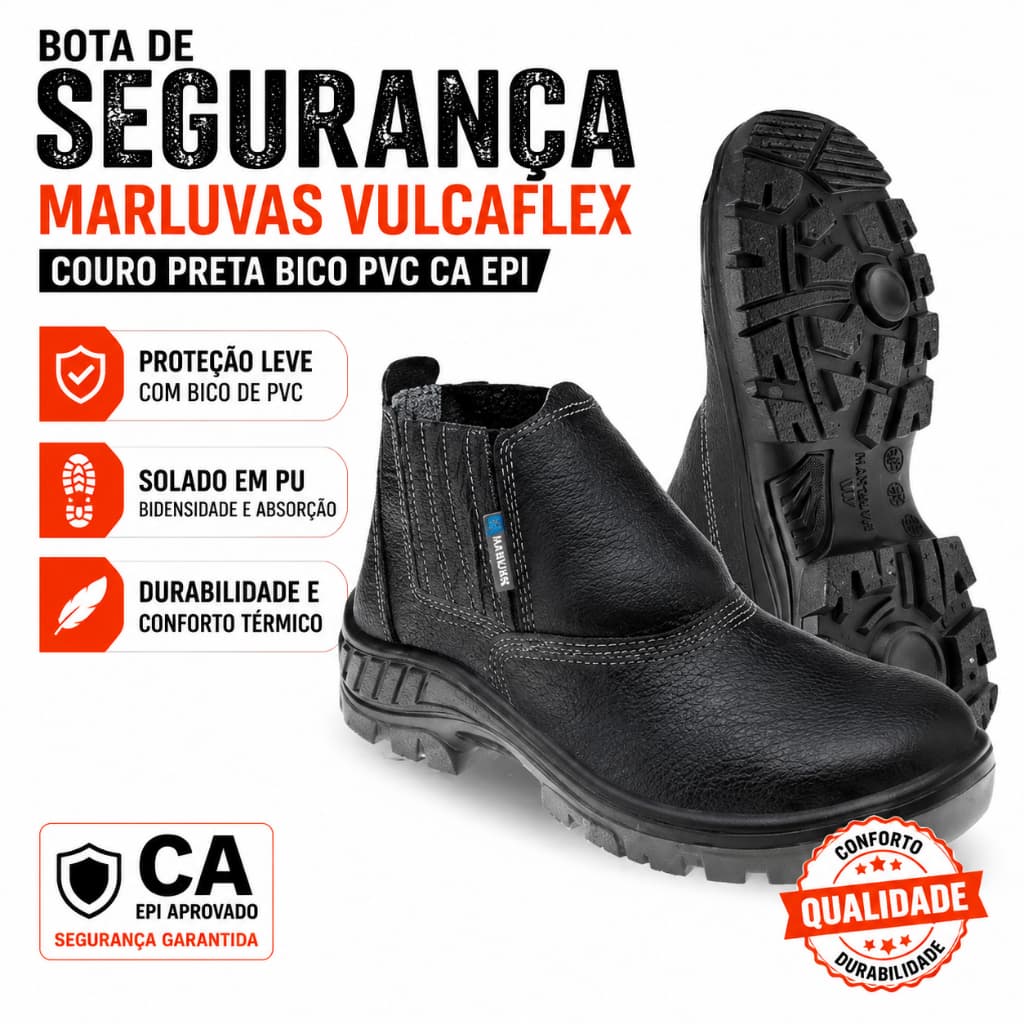 Bota de Segurança Marluvas Vulcaflex Couro Preta Bico PVC CA EPI