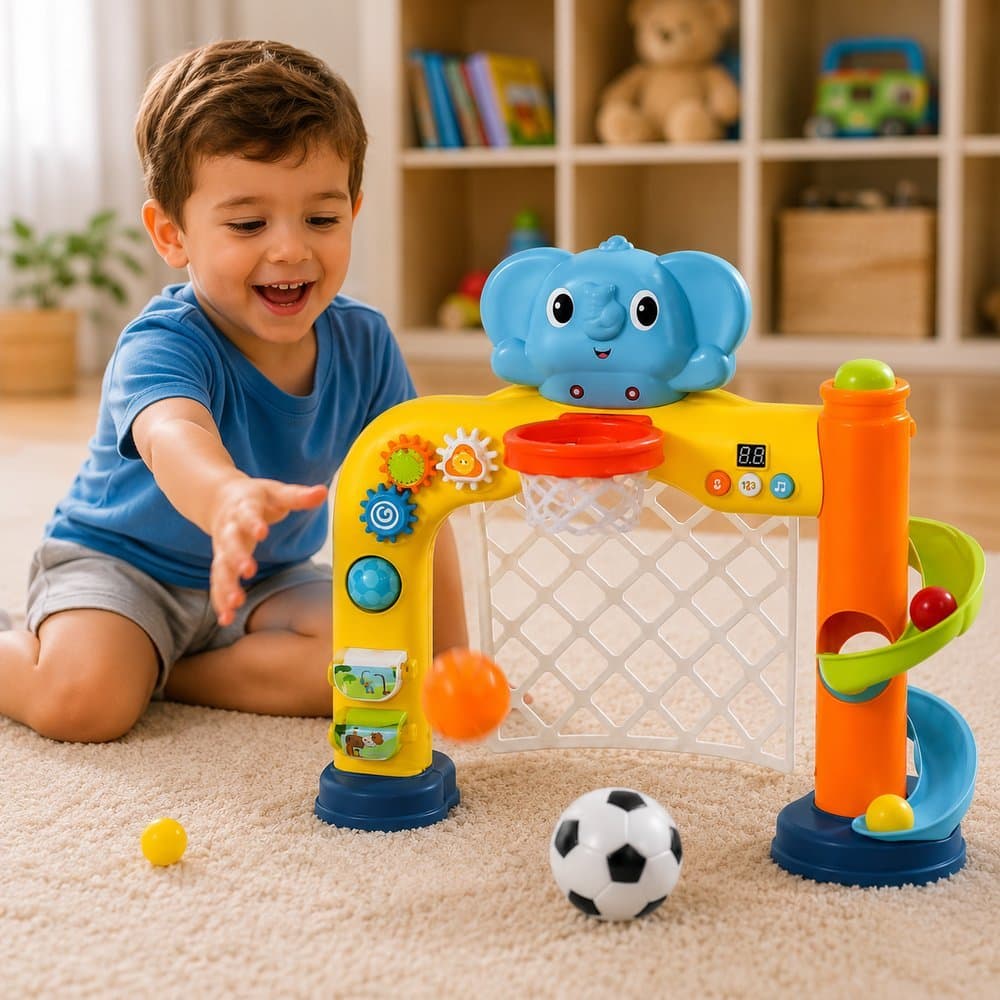 Brinquedo Baby Sports Elefantinho 3 Em 1 Com Luz E Som Futebol Basquete Torre de bolinhas motora