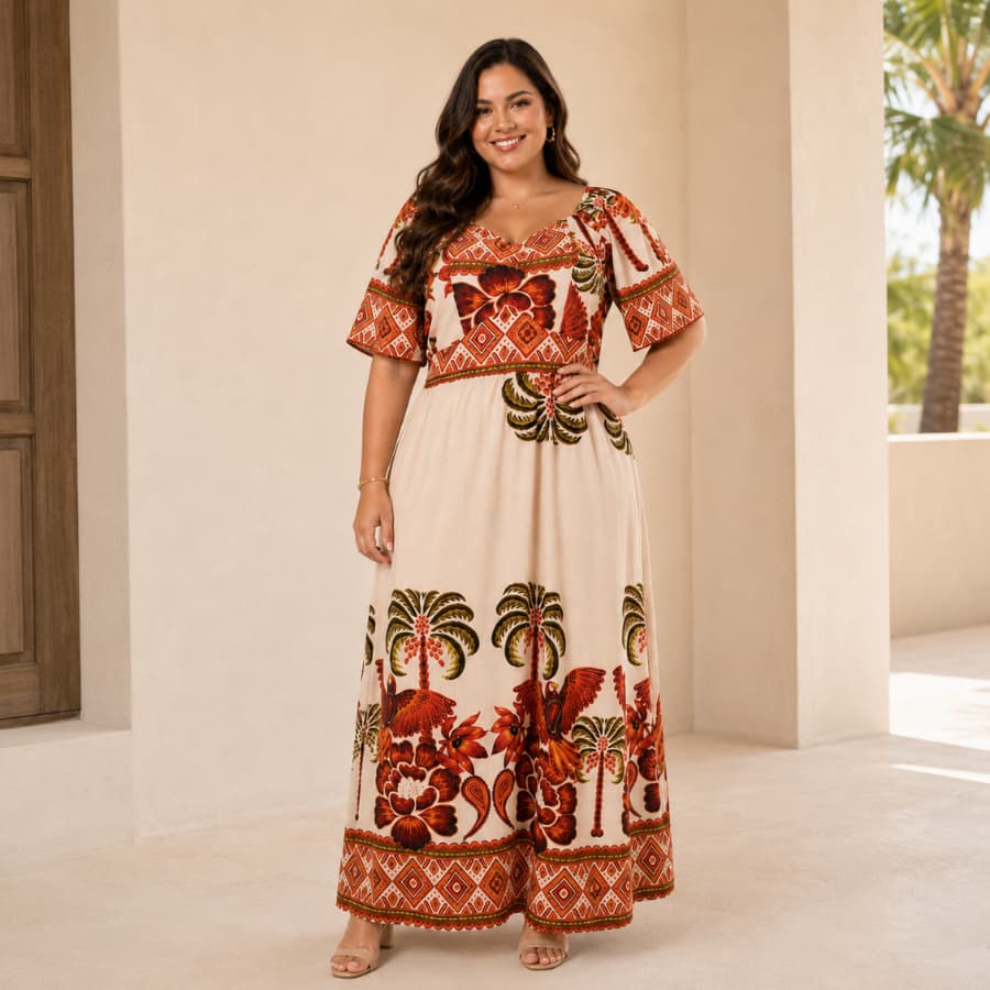 Vestido Longo Feminino Plus Size Estampado Manga Curta Decote V Soltinho Moda Evangélica