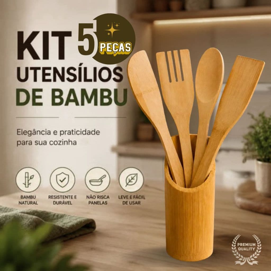 Kit Utensilios Cozinha Bambu Natural Ecologico Duravel 5 Pecas Pratico