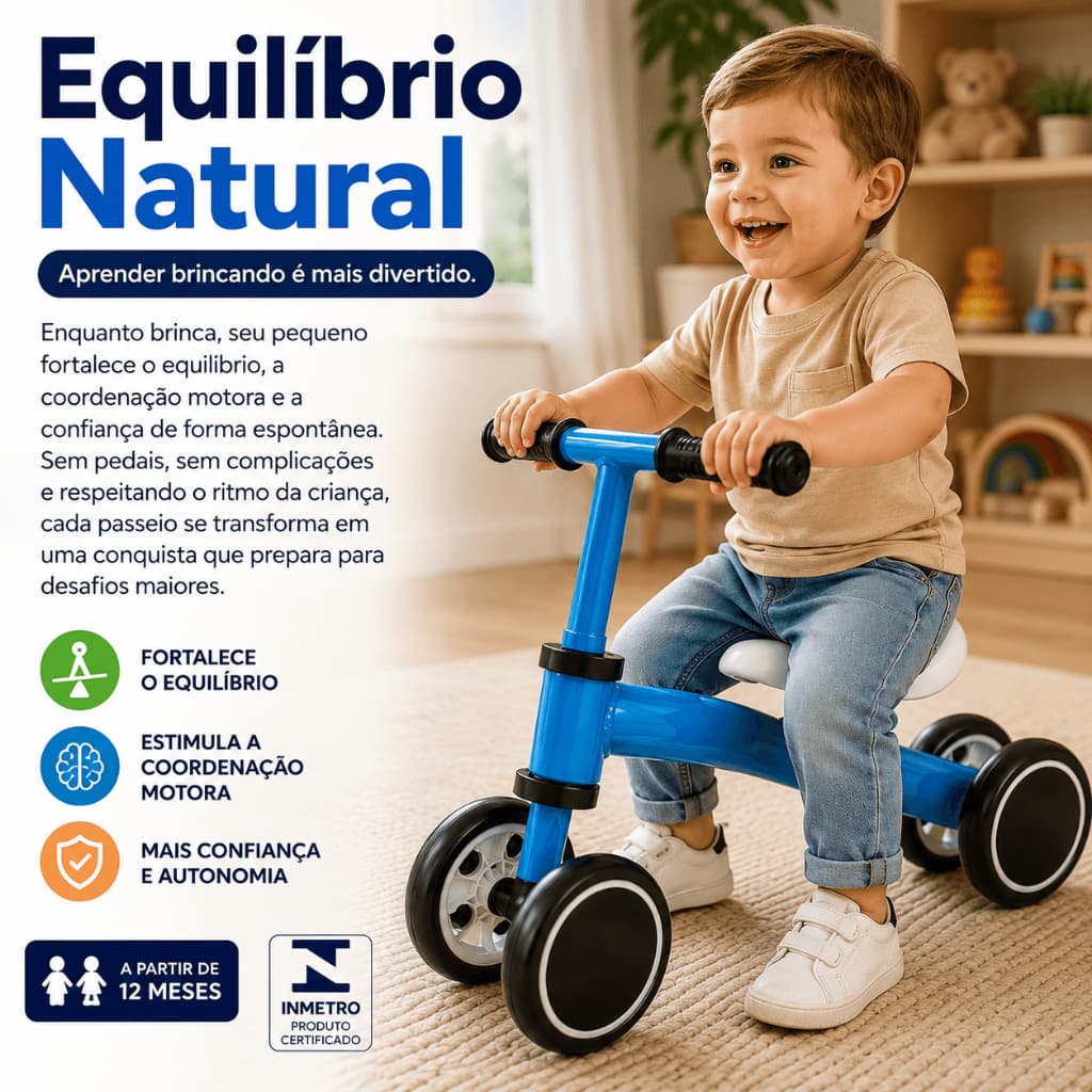 Bicicleta de Equilíbrio Infantil 4 Rodas Bebê +12 Meses Azul