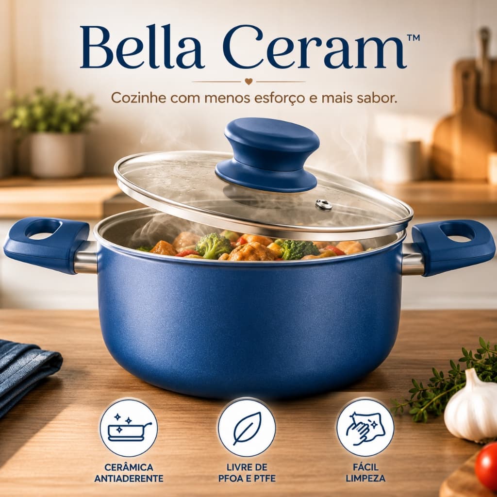 Panela Cerâmica 18cm Antiaderente com Tampa Azul Bella Ceram Cozinha Saudável Fácil Limpeza