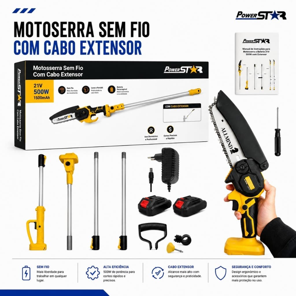 Mini Motosserra a Bateria 25V com Cabo Extensor 1.9 Metros Podador de Galhos
