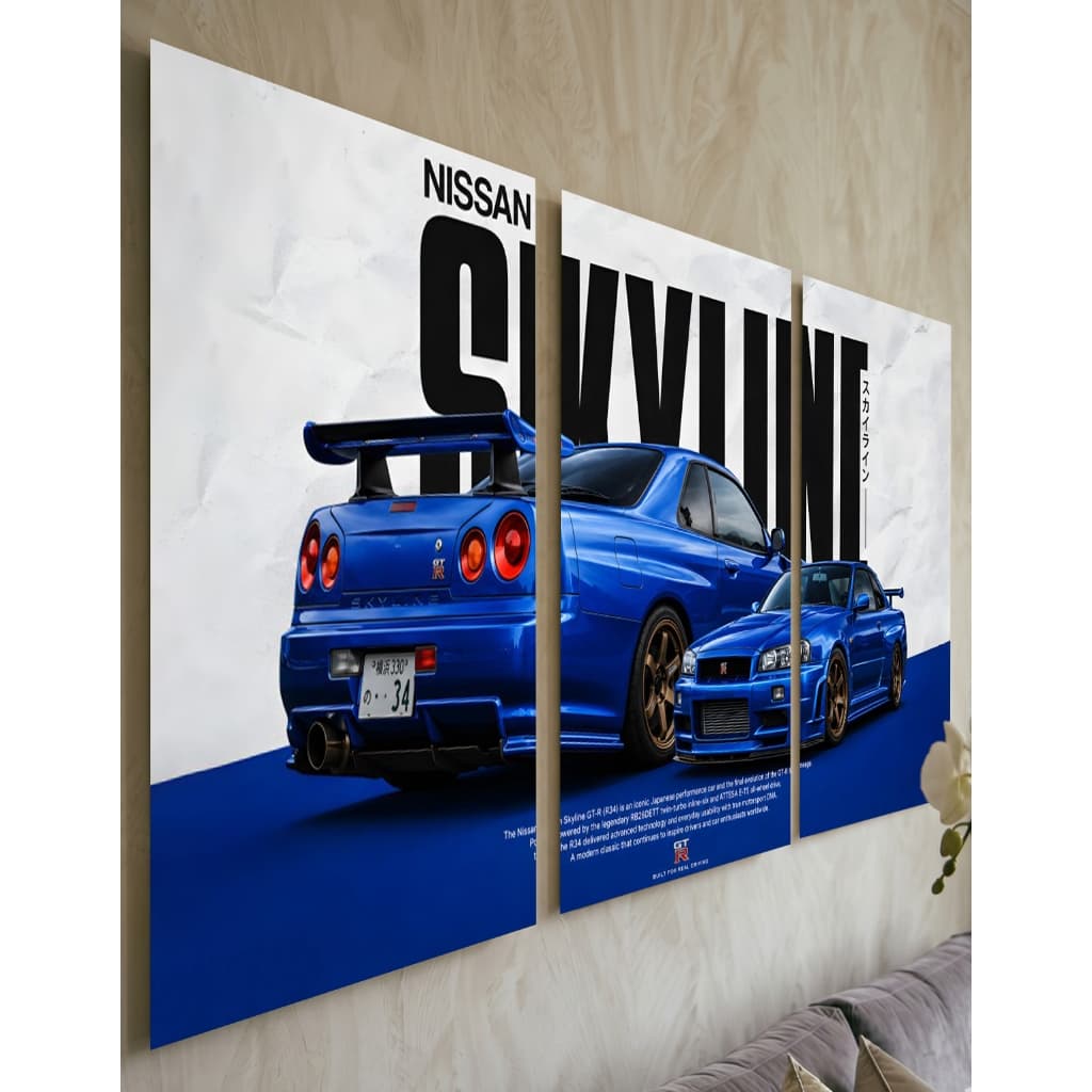 Kit Quadro Decorativo Nissan Skyline GTR R34 3 Peças Carro Esportivo Azul Decoração Sala Quarto