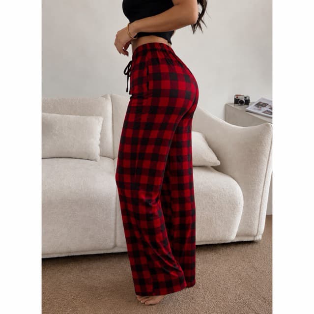 Calça Pijama Feminina Xadrez Vermelha Flanelada Inverno Longa Cintura Elástica Confortável Perna Reta Casual Dormir