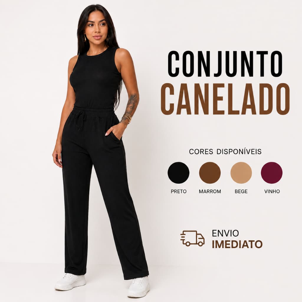 Conjunto Feminino Canelado Calça Wide Leg Pantalona com Bolsos + Regata Moda Verão Frio