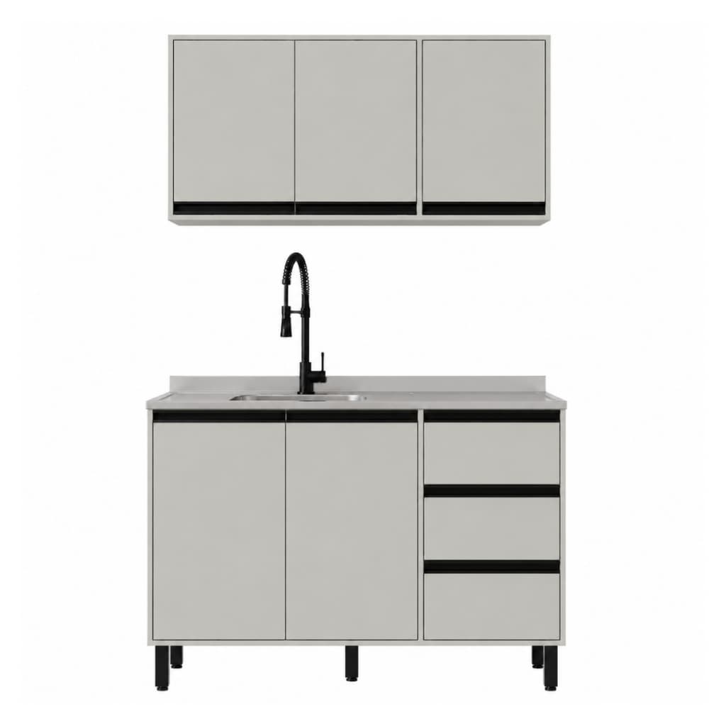 Kit Cozinha Modulada 2 Peças Balcão Pia 120 Cm 2 Portas 3 Gavetas e Aéreo 3 Portas Tóquio Cinza Casamia
