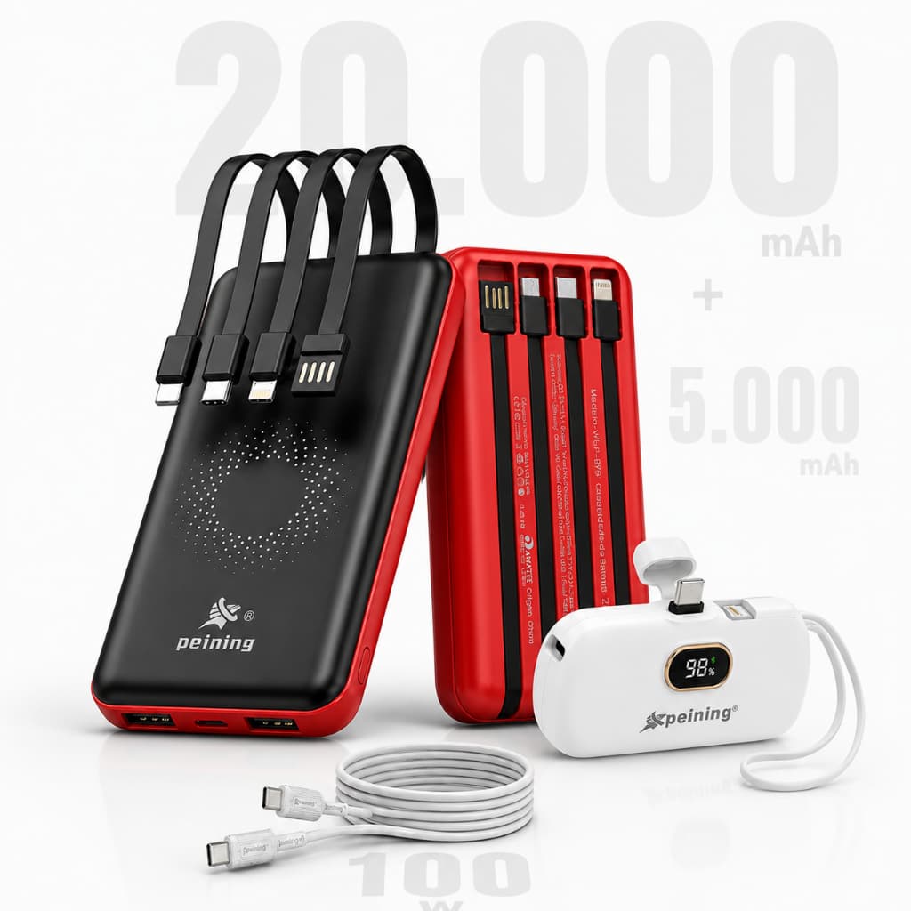 Kit Power Bank 20000 mAh Vermelho Indução + 5000 mAh Branco Compatível USBC+Lightning + Cabo 60W Branco Original Peining