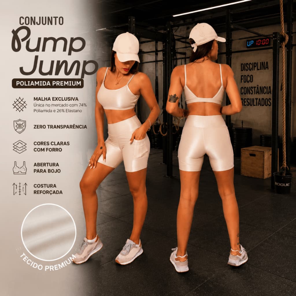 Conjunto Bermuda com Bolso Meia Coxa + Top Fita Costas Abertas Poliamida Premium Micro Canelado Fitness Feminino