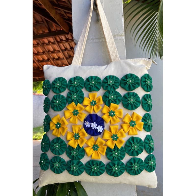 Bolsa de Praia Brasil – Ecobag Tendência Brazil Core, Bolsa de Ombro Artesanal Copa do Mundo – Feita à Mão Fuxico 38x38