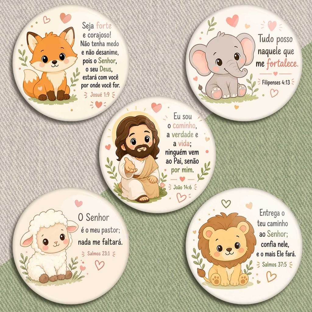 5 botons frases bíblicas infantil fofos, broches bíblicos animais Jesus fofos