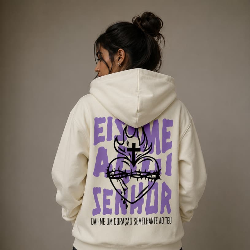 Moletom Gospel Eis-me Aqui Senhor Estampado Canguru com Capuz Flanelado Casaco de Frio Unissex Masculino Feminino em Alg