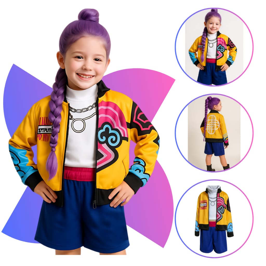 Fantasia Guerreira KPOP Infantil Rumi Guerreira K-POP Luxo Dança Show Menina Carnaval Dia Das Crianças