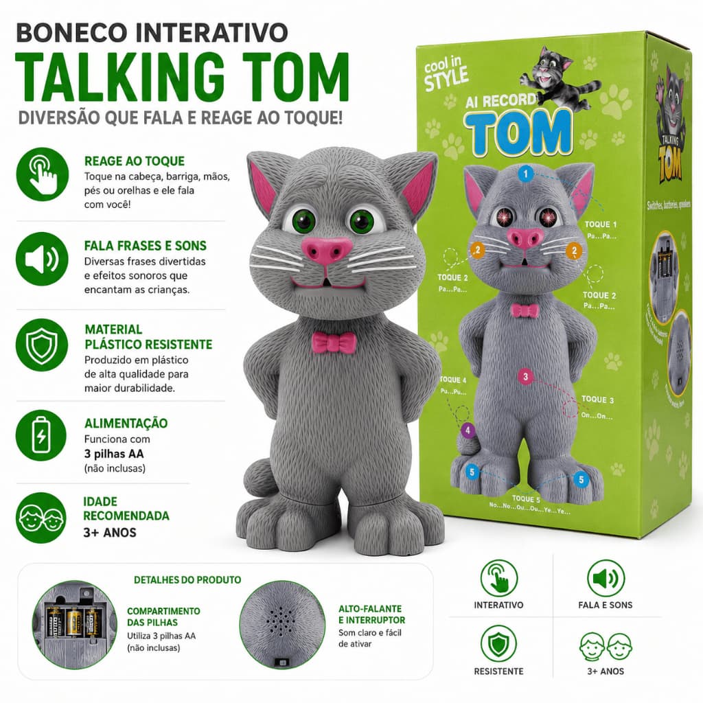 Boneco Ai Touch Talking Tom  Repete Fala Responde Ao Toque!