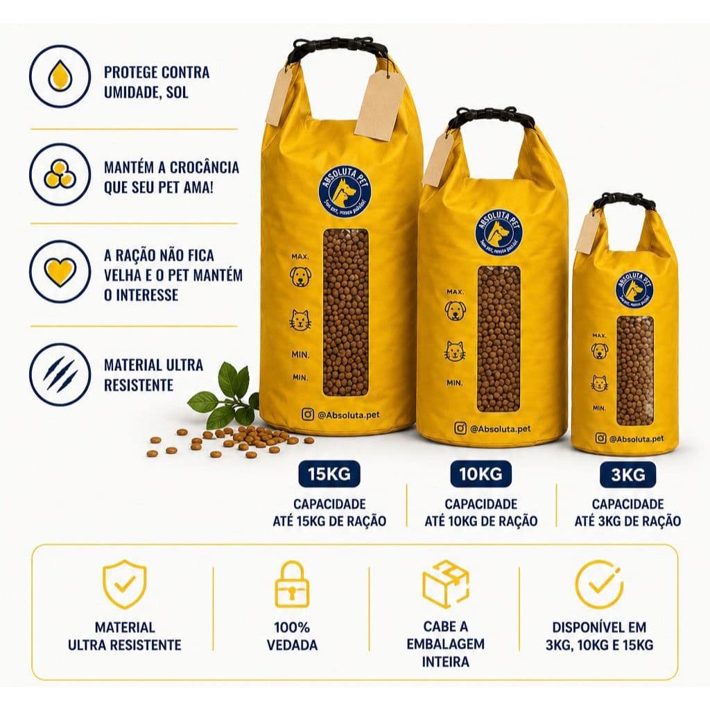 Bolsa Com Alça PVC Para Armazenar Ração Fresca Isolar Umidade Cães e Gatos 3KG 10KG 15KG