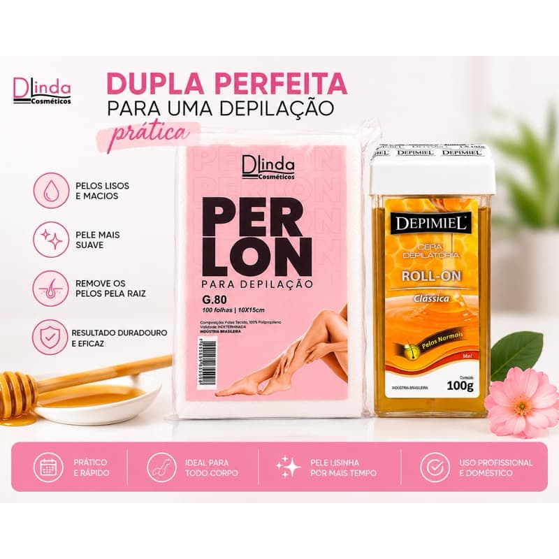 Kit Depilação Roll-On Depimiel 100g + Papel Perlon 100 Folhas 10x15cm Depilação Profissional
