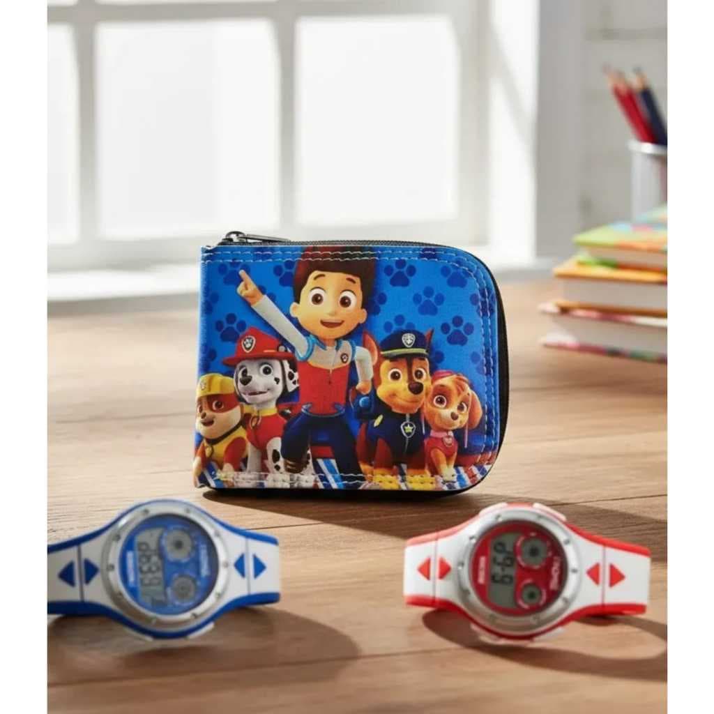 Carteira infantil masculino da patrulha canina e relógio digital de led e cronometro seu filho merece .