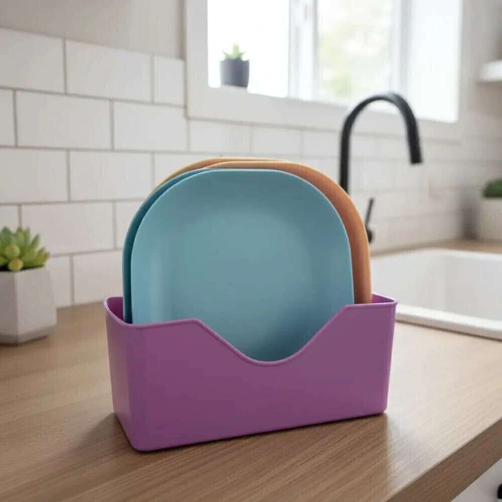 KIT 10 PRATOS DE PLÁSTICO COLORIDOS COM SUPORTE ORGANIZADOR PARA COZINHA LANCHES SOBREMESAS FESTAS REUTILIZÁVEIS