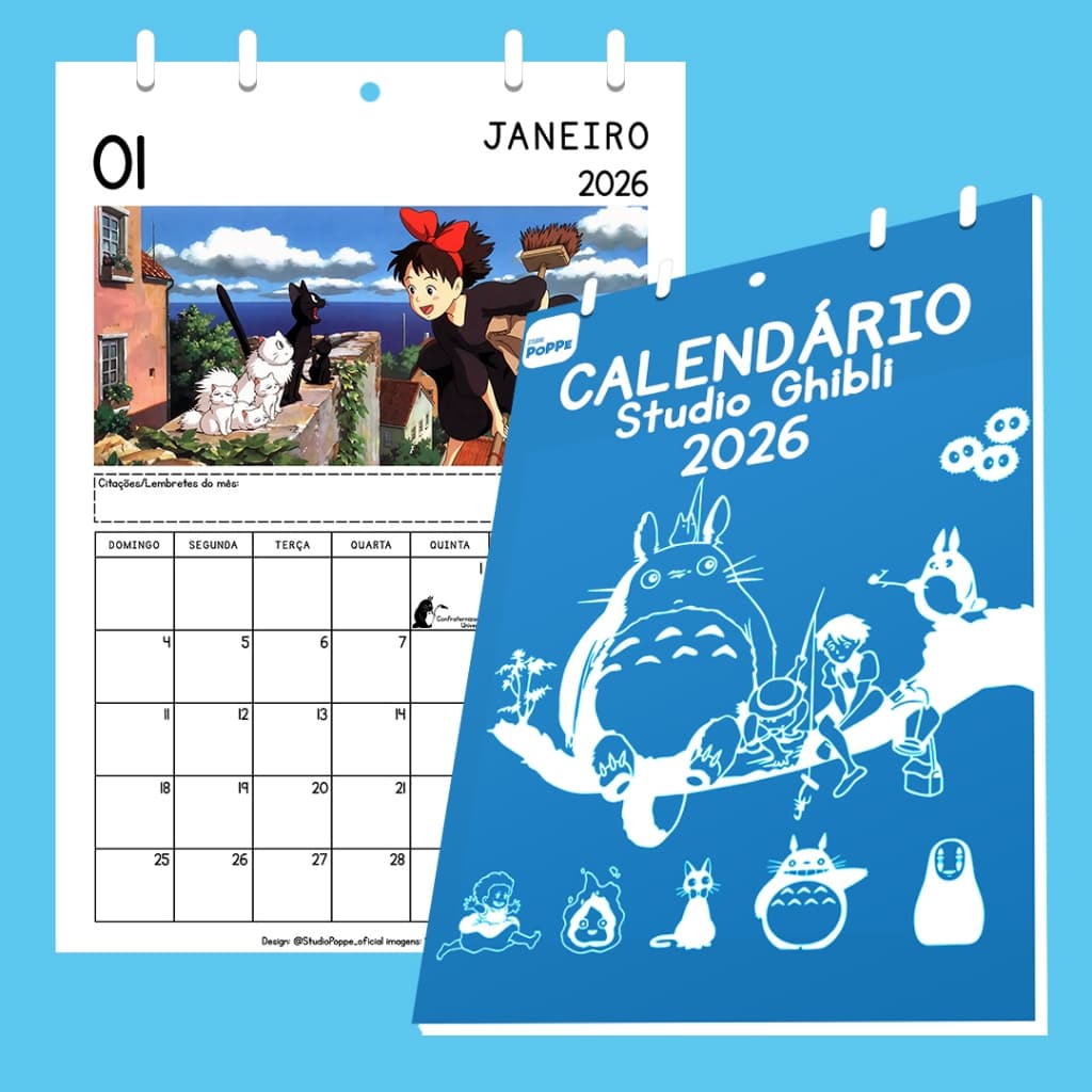 Calendário Studio Ghibli 2026 A4 parede – Totoro, Chihiro, Kiki | Presente Geek Anime