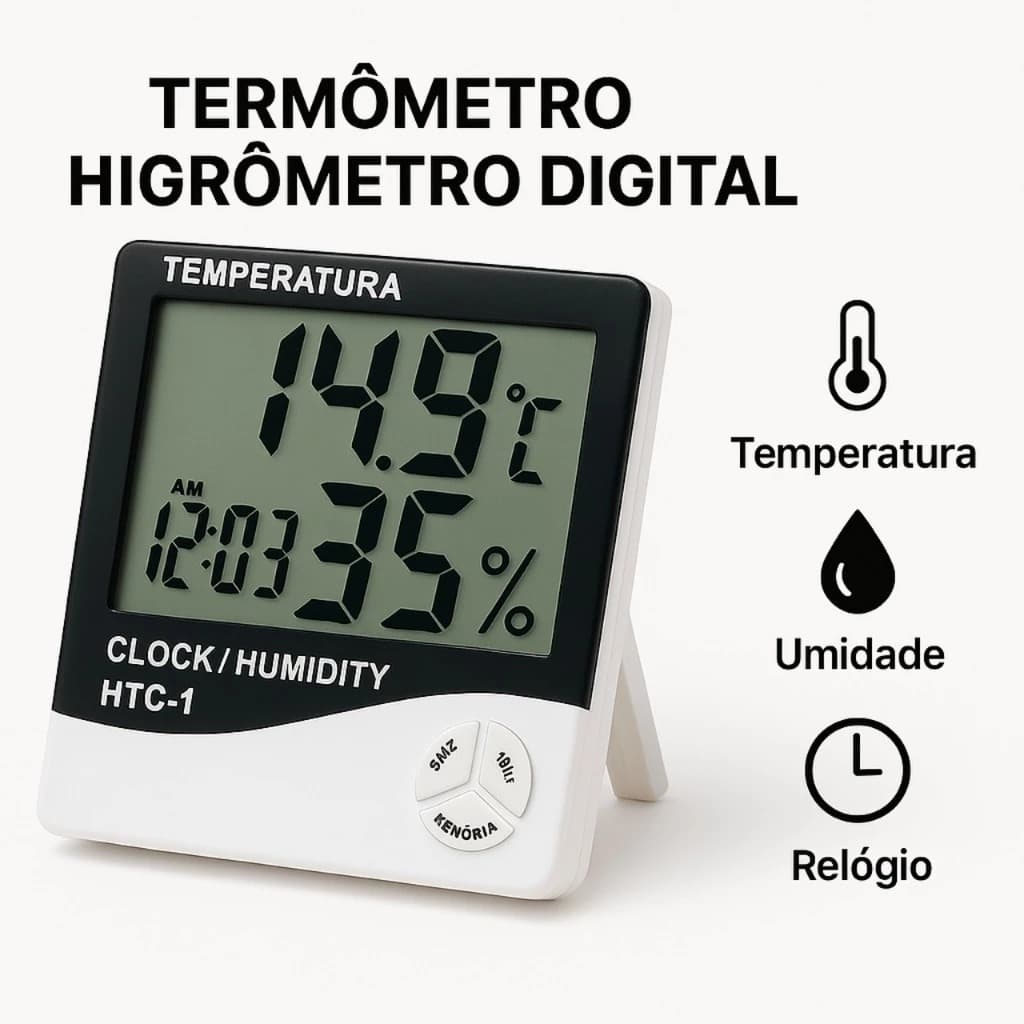 Relógio Termo Higrômetro Digital Medir Temperatura e Umidade Medidor Sensor Termômetro Hora