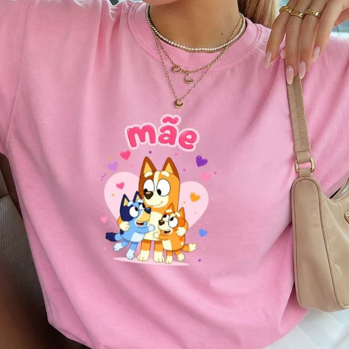 Camiseta Camisa Blusa Feminina 100%Algodão Bluey e Bingo, Mãe estilosa delicada Lançamento