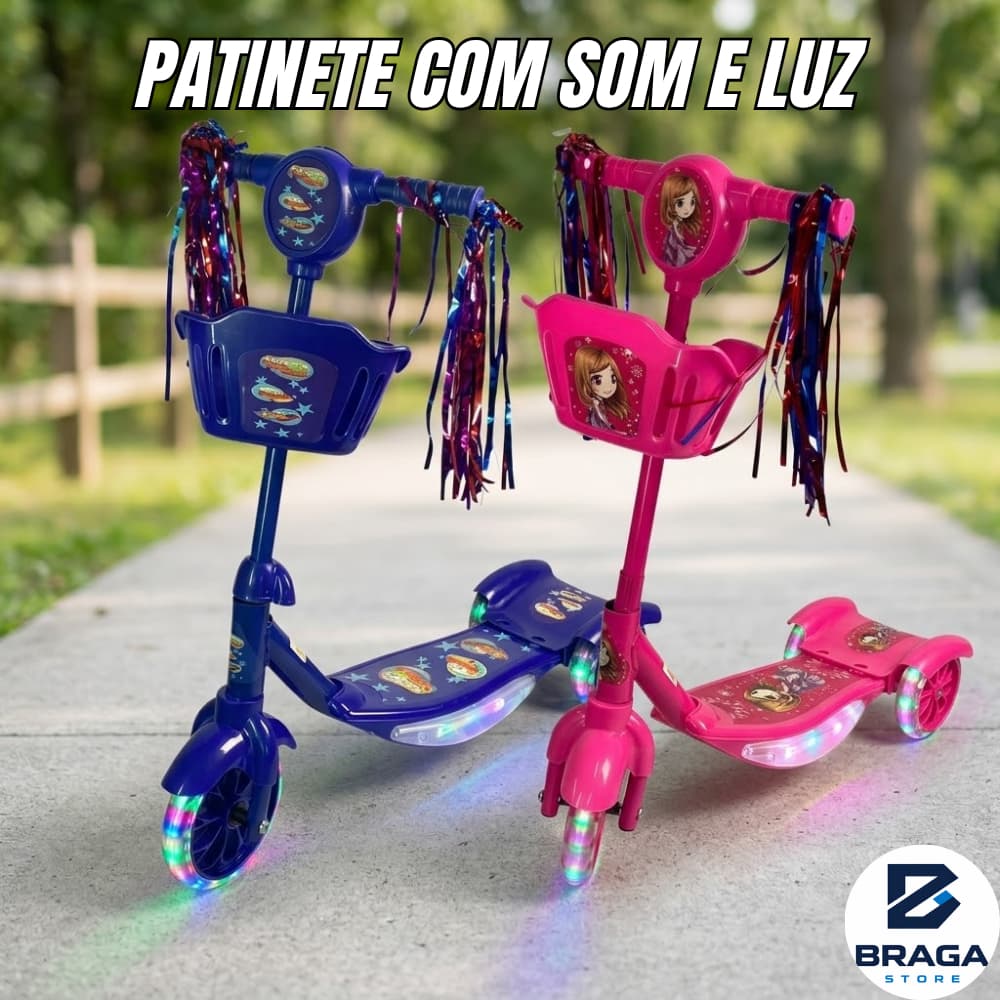 Patinete Infantil Dobrável 3 Rodas Com Led/Luz Som Cesta Menino Menina Criança Até 35kg Azul ou Rosa