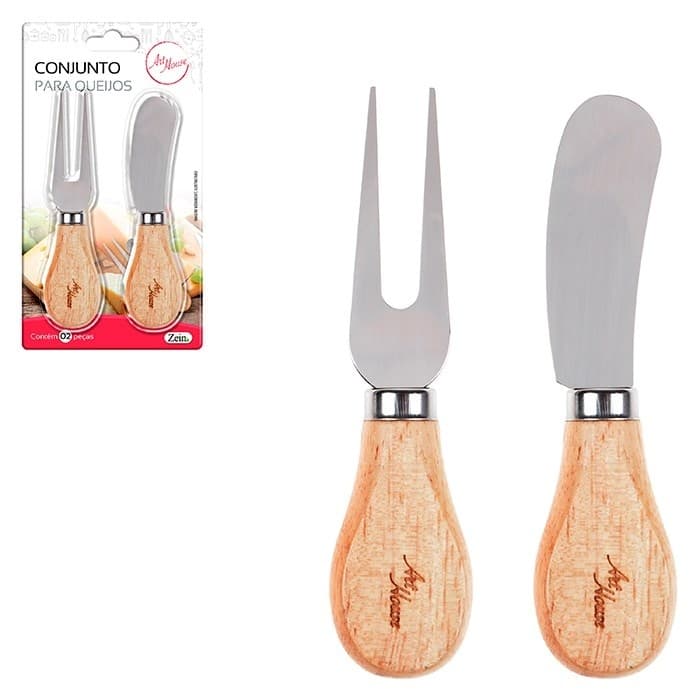 Conjunto Para Queijos 2 Peças Inox Com Cabo de Madeira Garfo e Espátula Para Servir