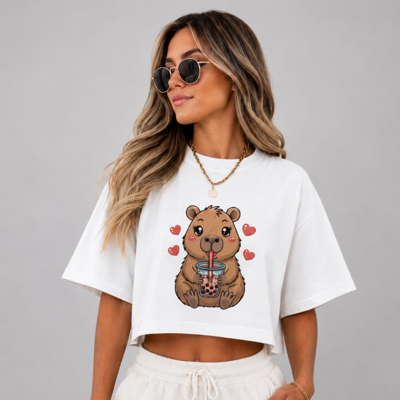 Cropped Oversized Love Capivara Streetwear 100% Algodão Gola Redonda Estampa DTF