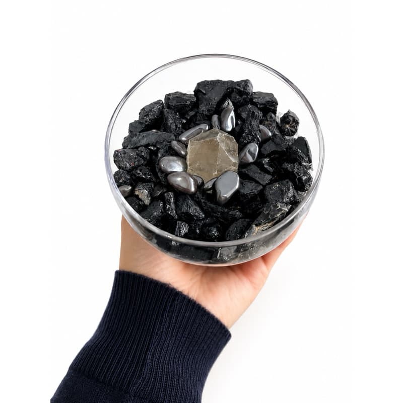 Taça da Proteção com Turmalina Negra Hematita Quartzo e Sal Grosso Cristais Naturais para Harmonização