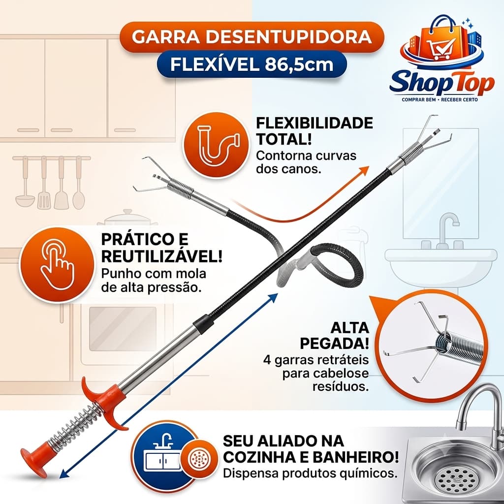 Garra Desentupidora para Pia e Ralo Flexível 86,5cm Removedor de Cabelos Desentupidor Manual
