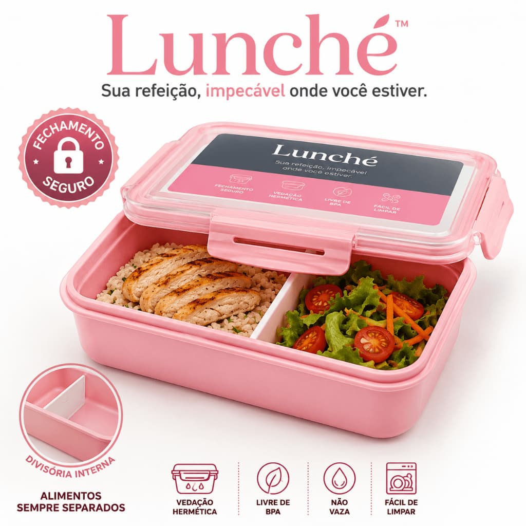 Marmita Hermética Retangular com Divisória Lunché Rosa Pote Porta Alimentos Reutilizável