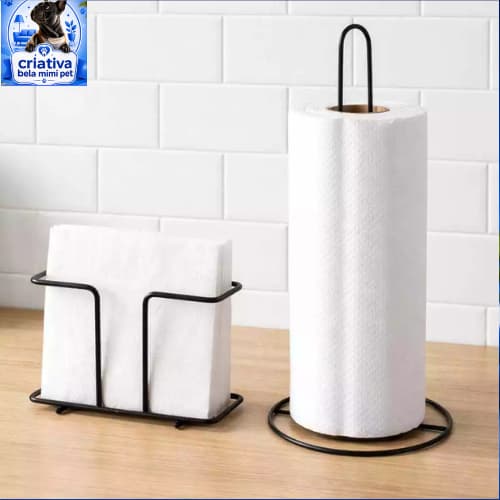 Kit Suporte Porta Papel Toalha + Porta Guardanapo Preto