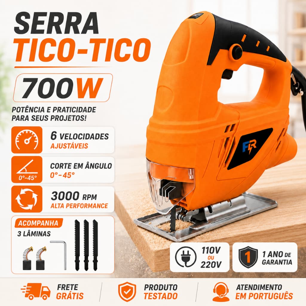 Serra Tico Tico Elétrica 700W 110V/220V 6 Velocidades Base Ajustável 45° Com 3 Lâminas Para Madeira