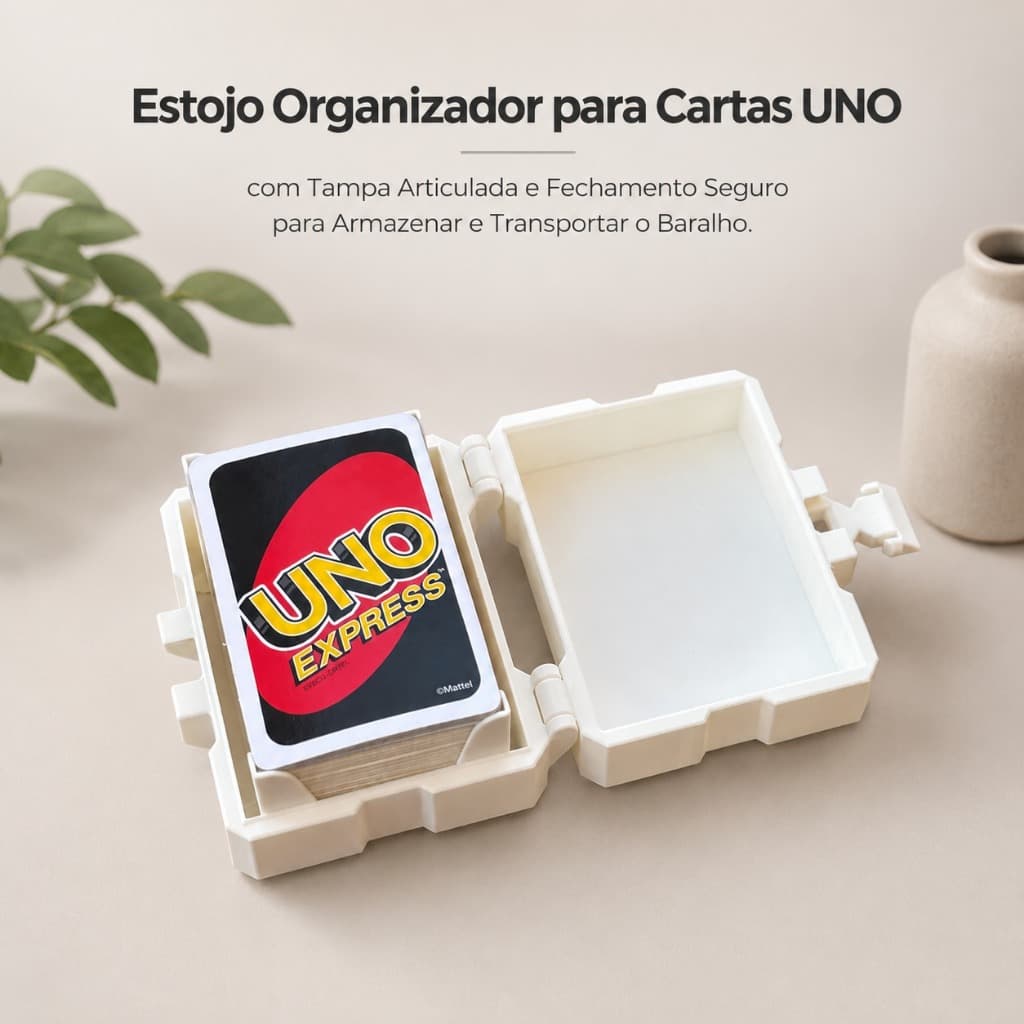 Estojo Organizador para Cartas UNO com Tampa Articulada e Fechamento Seguro para Armazenar e Transportar o Baralho