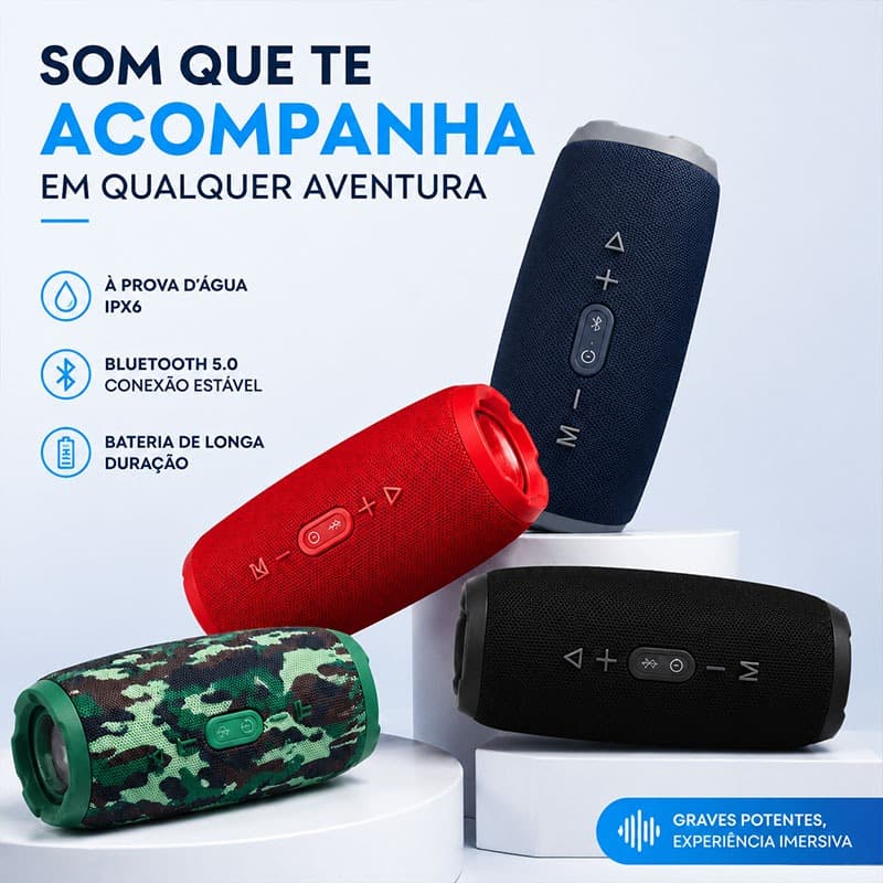 Caixa De Som Portátil Impermeável Bluetooth | Graves Potentes e Bateria de Longa Duração