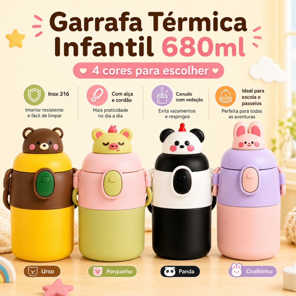 Copo Térmico Infantil 680ml Inox 316 Com Alça Antivazamento Portátil