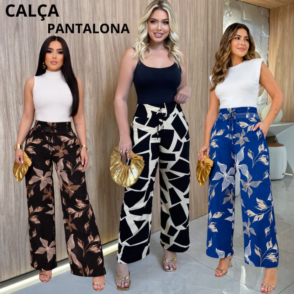Calça Pantalona Cintura Alta Com Bolso Estampado Tendencia Inverno Femenina Confortável Estampado Assimetricos y Floral